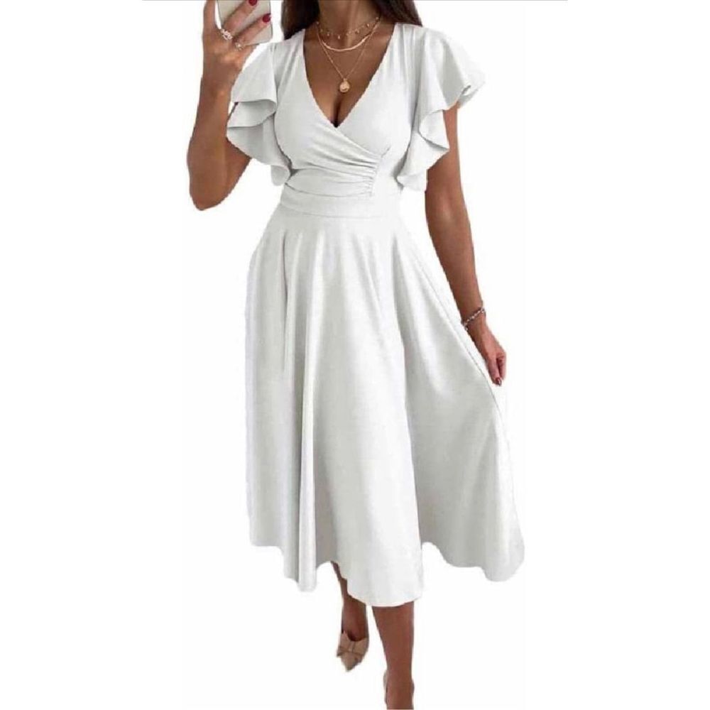 NEW V-Neck Dress Pleated Skirt Ruffle Sleeve Large